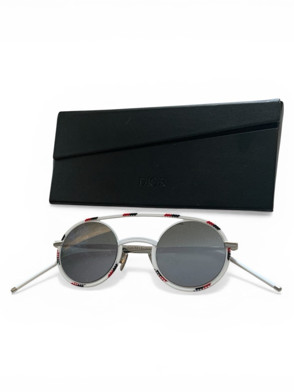 Dior Men’s Silver Round Sunglasses with Black Lenses and Red Accents